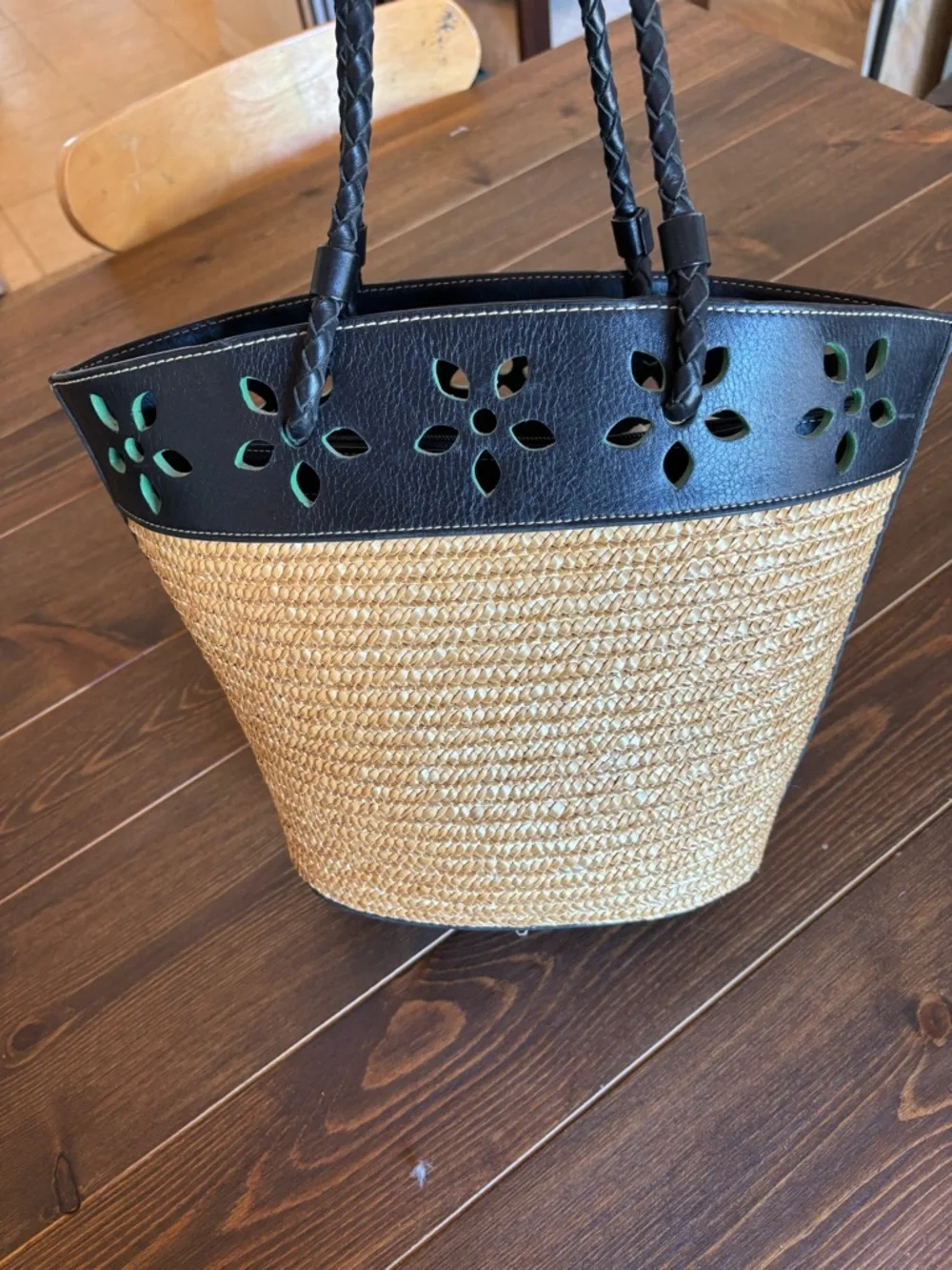 Preston & York Straw Tote Bag Genuine Leather Braided Handle Resort Summer Purse - Picture 2 of 16